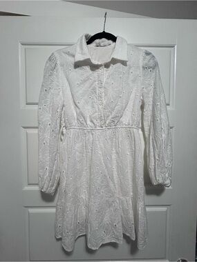 Petal & Pup White Eyelet Long Sleeve Collared Mini Dress